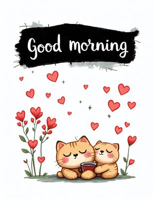 The primary subject of the image is a cartoon illustration of two cats sitting together, with hearts surrounding them. The setting is a garden, and the visual style is a hand-drawn illustration. The colors and mood are warm and cozy, with the red hearts adding a touch of playfulness to the scene.