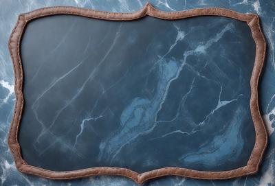 The primary subject of the image is a framed piece of marble, which is the main object in the scene. The setting is a blue marble countertop, and the visual style is a photo. The colors and mood of the image are predominantly blue, giving it a calm and serene atmosphere.