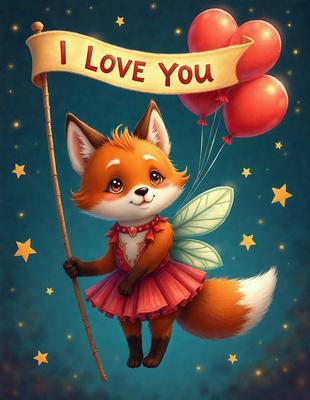 The primary subject of the image is a cute cartoon fox character. The setting is a night sky, with stars visible in the background. The visual style is a digital art or illustration, featuring a fox dressed in a pink dress and holding a balloon. The colors and mood of the image are warm and inviting, with the fox character appearing happy and content.