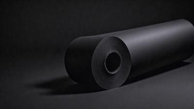 The primary subject of the image is a roll of black material, possibly a piece of fabric or a tape. The setting is a dark background, which creates a moody atmosphere. The visual style appears to be a close-up of the black material, showcasing its texture and details. The colors and mood of the image are predominantly dark, with the black material being the main focus.