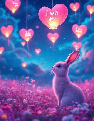 The primary subject of the image is a white bunny sitting in a field of pink flowers. The setting is a cloudy sky, and the visual style is a digital art illustration. The dominant colors are pink and white, creating a warm and cheerful atmosphere.