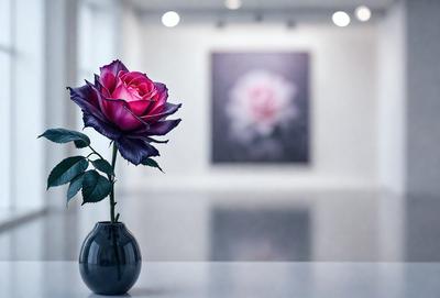 The primary subject of the image is a single pink rose in a blue vase. The setting is a white room with a white table, and the visual style is a photo. The rose and vase are the main focus of the image, and the overall atmosphere is calm and serene.