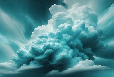 The primary subject of the image is a large, swirling cloud with a blue hue. The cloud is surrounded by a blue sky, creating a striking contrast. The setting appears to be a stormy sky, with the cloud being the main focus of the scene. The visual style of the image is a combination of photo and digital art, giving it a unique and artistic appearance. The dominant colors in the image are blue and white, with the blue hue of the cloud creating a sense of calmness and tranquility despite the