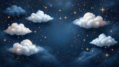 The primary subject of the image is a painting of a night sky filled with clouds. The setting is a dark, star-filled night, and the visual style is a digital art or illustration. The dominant colors are blue and white, creating a serene and peaceful atmosphere.