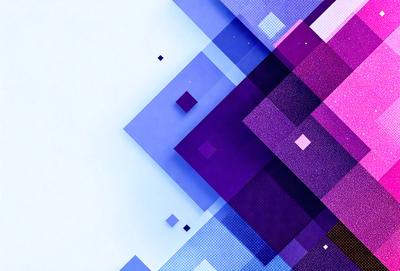 The primary subject of the image is a colorful, geometric pattern. The setting is a white background, which contrasts with the vibrant colors of the pattern. The visual style is a combination of digital art and illustration, creating a unique and eye-catching design. The dominant colors are purple, blue, and pink, giving the pattern a lively and energetic atmosphere.