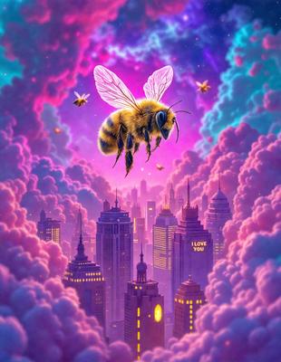 Primary subject: A bee flying over a city.

Setting/background: The city is filled with tall buildings, and there are clouds in the sky.

Visual style: The image is a digital art or illustration.

Colors and mood: The image has a vibrant and lively atmosphere, with the bee and the city's colors creating a sense of energy and movement.