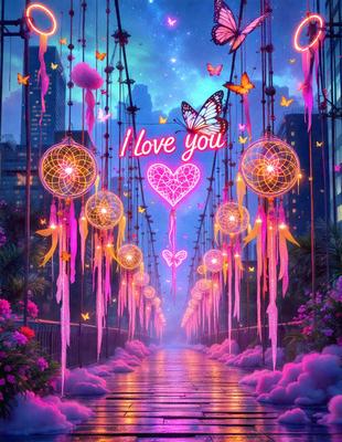 The primary subject of the image is a heart-shaped balloon with the words "I love you" written on it. The setting is a street with a bridge in the background. The visual style is digital art, and the colors and mood are predominantly pink and romantic.