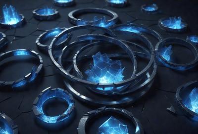 The primary subject of the image is a collection of blue rings or circles, which are arranged on a black surface. The setting appears to be a futuristic or industrial environment, with the rings possibly representing a technological or artistic concept. The visual style of the image is a combination of digital art and illustration, creating a unique and captivating aesthetic. The dominant colors in the image are blue and black, giving the scene a sense of depth and sophistication.