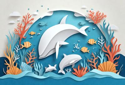 The primary subject of the image is a white dolphin, which is the main focus of the scene. The setting is an underwater environment, with the dolphin surrounded by various sea creatures, including fish and other marine animals. The visual style of the image is a combination of digital art and illustration, creating a vibrant and colorful scene. The dominant colors in the image are blue and white, which contribute to the overall atmosphere of the underwater world.
