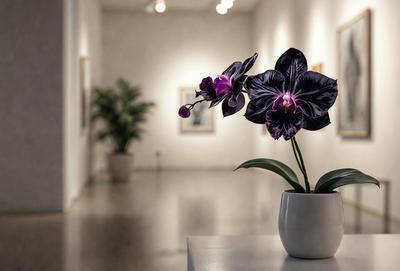 The primary subject of the image is a white vase filled with purple flowers. The vase is placed on a table, and the flowers are arranged in a visually appealing manner. The setting appears to be a room with a white wall, and the visual style is a realistic representation of the flowers and vase. The colors and mood of the image are predominantly white and purple, creating a calm and serene atmosphere.
