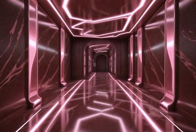 The primary subject of the image is a long, narrow hallway with a pink lighting effect. The setting is a dark room with a marble floor, and the visual style appears to be a combination of a photo and digital art. The colors and mood of the image are predominantly pink, creating a warm and inviting atmosphere.