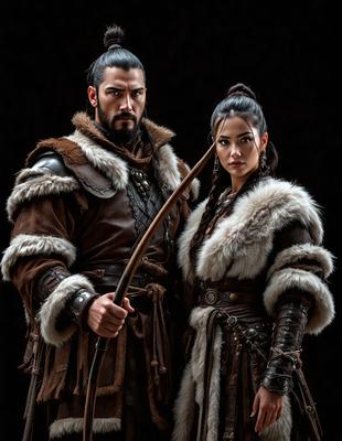 The primary subject of the image is a man and a woman dressed in medieval clothing, standing together and posing for a picture. They are both holding wooden staffs, which adds to the medieval theme of the scene. The setting appears to be a dark room, which further emphasizes the dramatic and historical atmosphere. The visual style of the image is a combination of photo and digital art, creating a unique and intriguing scene. The colors and mood of the image are predominantly dark and moody, with the medieval cl
