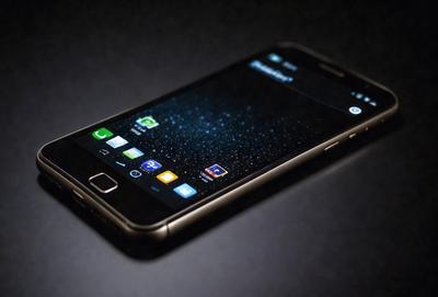 The primary subject of the image is a cell phone. The cell phone is displayed on a black surface, which serves as the setting or background. The visual style of the image is a photo, capturing the details of the cell phone. The colors and mood of the image are predominantly black, giving it a sleek and modern appearance.