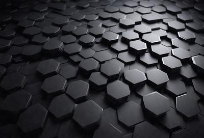 The primary subject of the image is a pattern of black hexagons, which are arranged in a visually appealing manner. The setting is a black background, which contrasts with the black hexagons, creating a striking visual effect. The visual style of the image is a combination of digital art and illustration, as the hexagons are created using a computer-generated design. The colors and mood of the image are predominantly black, giving it a modern and sleek appearance.