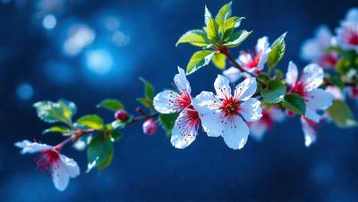 The primary subject of the image is a branch with white flowers. The setting is a blue sky, and the visual style appears to be a photo. The dominant colors are white and blue, creating a calm and serene atmosphere.