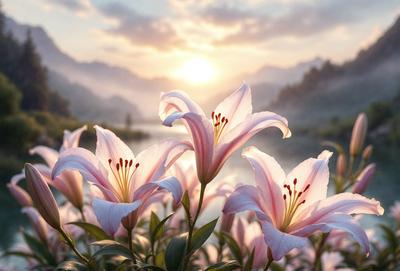 Primary subject: Flowers
Setting/background: A body of water, possibly a lake or river, with mountains in the background
Visual style: Photo
Colors and mood: The flowers are pink and white, creating a serene and peaceful atmosphere.