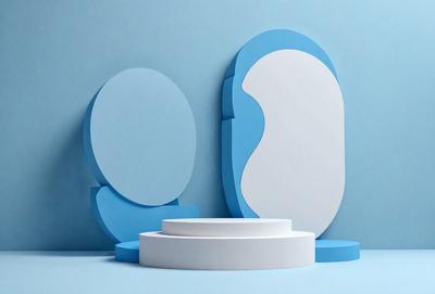 The primary subject of the image is a white and blue mirror. The mirror is placed on a white and blue surface, which could be a table or a wall. The visual style of the image is a photo, and the colors and mood are predominantly white and blue, giving the scene a clean and modern appearance.