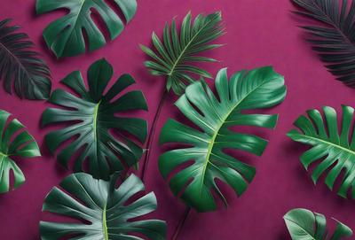 The image features a large group of green leaves, possibly from a palm tree, arranged in a visually appealing manner. The leaves are spread across the frame, with some overlapping and others standing alone. The primary subject of the image is the leaves, which are the main focus and create a lush, green atmosphere. The setting is a purple background, which adds a contrasting color to the scene. The visual style of the image is a close-up of the leaves, showcasing their intricate details and text