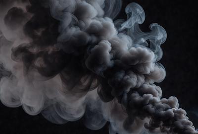 The primary subject of the image is a large, dark, and smoky cloud. The setting is a black background, which emphasizes the cloud's shape and form. The visual style is a black and white photo, giving the image a dramatic and moody atmosphere. The colors and mood are predominantly dark and ominous, with the cloud serving as the focal point of the image.