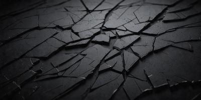 The primary subject of the image is a close-up of a black surface with numerous cracks and fissures. The setting appears to be a dark room, and the visual style is a black and white photo. The dominant colors are black and white, and the overall atmosphere is dramatic and moody.