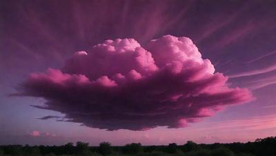 The primary subject of the image is a large, pink cloud with a purple hue. The cloud is floating in a dark, purple sky. The setting appears to be a field with trees in the background. The visual style of the image is a combination of photo and digital art, creating a unique and captivating scene. The dominant colors of the image are pink and purple, giving it a warm and serene atmosphere.