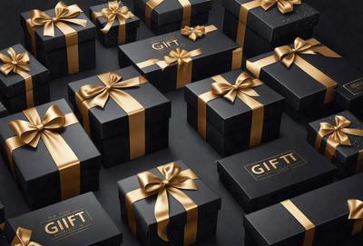 The primary subject of the image is a collection of black gift boxes with gold ribbons. The setting is a black background, and the visual style is a close-up of the gift boxes. The dominant colors are black and gold, creating a sophisticated and elegant atmosphere.