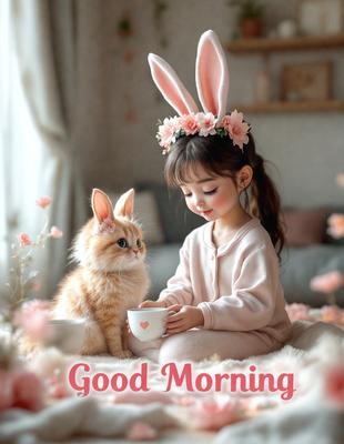 The primary subject of the image is a young girl wearing a bunny ears headband, sitting on a bed and holding a cup. The setting is a cozy bedroom, and the visual style is a photo. The colors and mood of the image are warm and inviting, with the girl's pink outfit and the pink flowers in the background adding to the overall atmosphere.