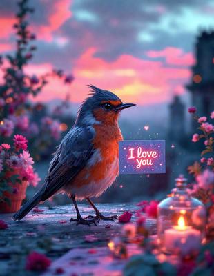 The primary subject of the image is a small bird perched on a stone surface. The bird is surrounded by a beautiful and colorful environment, featuring pink flowers and a sunset in the background. The visual style of the image is a combination of photo and digital art, creating a vibrant and lively atmosphere. The dominant colors in the image are pink and orange, which contribute to the overall warm and inviting mood.