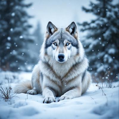 The primary subject of the image is a large wolf with blue eyes, sitting in the snow. The wolf is positioned in the foreground, and the setting is a snowy landscape with trees in the background. The visual style of the image is a photo, capturing the wolf in its natural environment. The colors and mood of the image are predominantly cold and wintry, with the wolf's blue eyes adding a touch of warmth and interest to the scene.