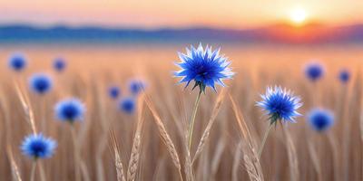 The primary subject of the image is a field of wheat with blue flowers blooming in it. The setting is a sunset, creating a serene and picturesque atmosphere. The visual style is a photo, capturing the beauty of the wheat and flowers in their natural environment. The dominant colors are the warm hues of the sunset and the vibrant blue of the flowers, creating a sense of tranquility and harmony with nature.
