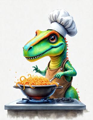 The primary subject of the image is a cartoon dinosaur, specifically a green and orange alligator, standing in a kitchen and cooking spaghetti. The dinosaur is wearing an apron and a chef's hat, indicating that it is preparing a meal. The setting is a kitchen with an oven and a bowl of spaghetti. The visual style is a cartoon or digital art, with a playful and whimsical atmosphere. The colors are predominantly green and orange,