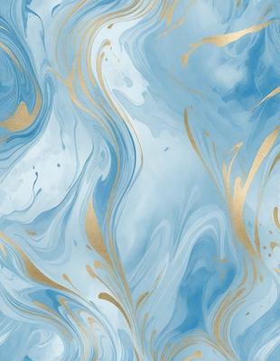 The primary subject of the image is a blue and gold swirling pattern, which appears to be a painting or a digital artwork. The setting is a blue background, and the visual style is a combination of painting and digital art. The dominant colors are blue and gold, creating a sense of depth and richness in the artwork.