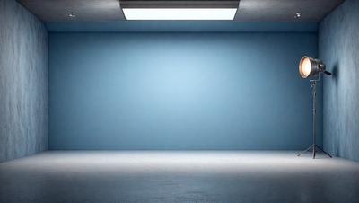 The primary subject of the image is a large, empty room with a blue wall. The setting is a room with a blue wall, and the visual style is a photo. The colors and mood of the image are predominantly blue, creating a calm and serene atmosphere.