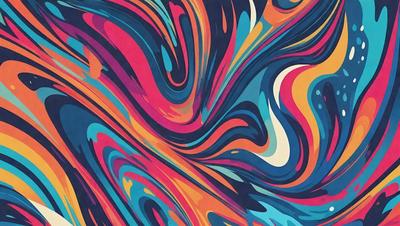 The primary subject of the image is a colorful, abstract design featuring a mix of blue, orange, and pink hues. The setting is a wall, and the visual style appears to be a combination of digital art and illustration. The colors and mood of the image are vibrant and lively, creating a sense of energy and creativity.