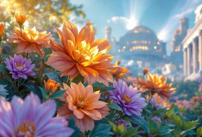 Primary subject: Flowers
Setting/background: A garden with a palace in the background
Visual style: Digital art
Colors and mood: The flowers are orange and purple, creating a vibrant and lively atmosphere.