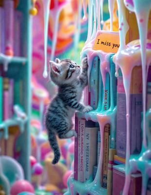 The primary subject of the image is a small kitten standing on a bookshelf. The setting is a room with a bookshelf filled with books, and the visual style appears to be a combination of photo and digital art. The colors and mood of the image are predominantly pink and purple, creating a whimsical and playful atmosphere.
