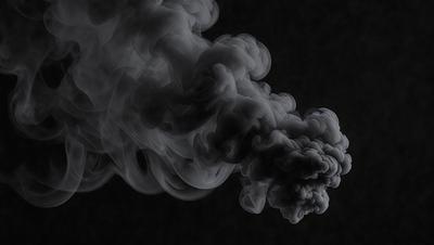 The primary subject of the image is a large, dark, and smoky cloud. The setting is a black background, which emphasizes the cloud's shape and form. The visual style is a close-up of the cloud, showcasing its intricate structure. The colors and mood of the image are dark and dramatic, creating a sense of mystery and intensity.