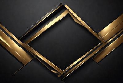 The primary subject of the image is a gold and black geometric design. The setting is a black background, which contrasts with the gold and black design. The visual style is a combination of digital art and illustration, creating a modern and sophisticated appearance. The dominant colors are gold and black, giving the design a sleek and elegant look.