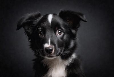 The primary subject of the image is a black and white dog with a white spot on its face. The dog is sitting in front of a dark background, which creates a striking contrast between the dog and its surroundings. The visual style of the image is a close-up of the dog's face, emphasizing its features and expression. The colors and mood of the image are predominantly black and white, giving it a classic and timeless feel.