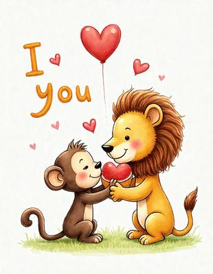 The image features a lion and a monkey, both holding red hearts. The lion is on the left side of the image, while the monkey is on the right side. The lion is holding the monkey in its arms, creating a heartwarming scene. The hearts held by both animals are the main focus of the image, symbolizing love and affection between the two. The overall atmosphere of the image is warm and friendly, with the lion and monkey appearing to be close companions.