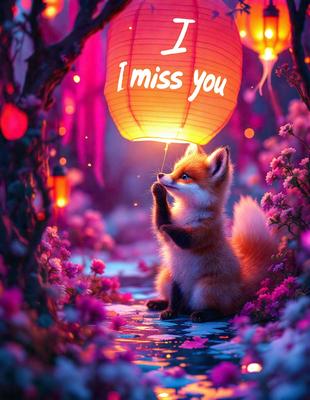 The primary subject of the image is a small fox, which is sitting on a path surrounded by flowers. The setting is a forest, with a pink and purple color scheme creating a warm and inviting atmosphere. The visual style is a digital art, with the fox being the main focus of the scene.