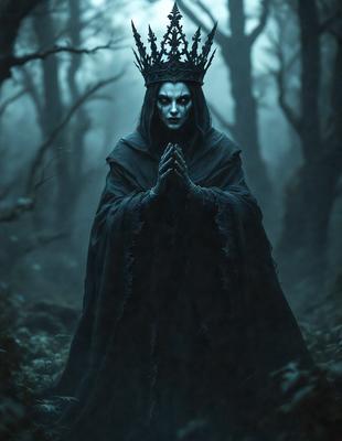 The primary subject of the image is a woman dressed in a costume, wearing a crown and holding her hands together in prayer. She is standing in a forest, surrounded by trees. The setting is a dark, mysterious forest with a moody atmosphere. The visual style of the image is a combination of photo and digital art, creating a unique and intriguing scene. The colors in the image are predominantly dark, with the woman's costume and the forest providing the main focus.