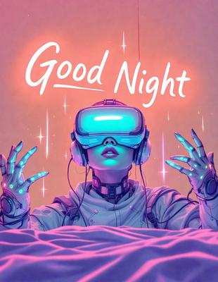 The primary subject of the image is a woman wearing a white outfit and a pair of VR goggles. She is sitting on a bed, with her arms outstretched. The setting is a bedroom, and the visual style is digital art. The colors in the image are predominantly purple, creating a calm and relaxing atmosphere.