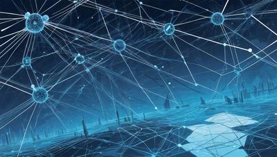 The primary subject of the image is a complex network of interconnected lines, which create a visually striking and intricate pattern. The setting is a dark, starry night sky, with the network of lines extending outwards into the vast expanse. The visual style is a combination of digital art and illustration, creating a futuristic and technological atmosphere. The colors and mood are predominantly dark and moody, with the interconnected lines and the starry night sky creating a sense of depth and mystery.