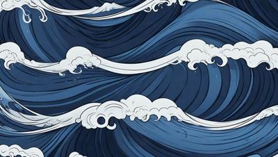 The primary subject of the image is a large wave in the ocean. The wave is depicted in a blue and white color scheme, giving it a vibrant and dynamic appearance. The setting is the ocean, with the wave being the main focus of the scene. The visual style of the image is a combination of digital art and illustration, creating a realistic and engaging representation of the ocean wave. The colors and mood of the image are energetic and lively, capturing the essence of the powerful force of nature