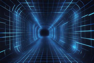 The primary subject of the image is a tunnel with a blue and black color scheme. The tunnel appears to be a part of a futuristic setting, possibly a video game or a digital art piece. The visual style of the image is a combination of photo and digital art, creating a unique and intriguing atmosphere. The dominant colors in the image are blue and black, which contribute to the futuristic and mysterious mood of the scene.