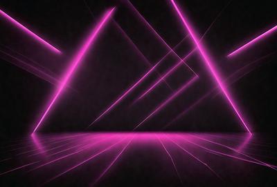 The primary subject of the image is a pink and purple geometric pattern. The setting is a dark room with a black background, creating a contrasting effect. The visual style is a combination of digital art and illustration, with the geometric pattern resembling a futuristic design. The dominant colors are pink and purple, giving the image a vibrant and energetic atmosphere.