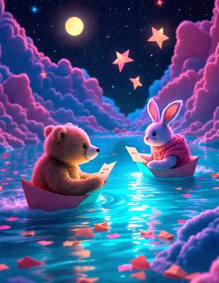 The primary subject of the image is a teddy bear and a bunny sitting in a boat. The setting is a pink and purple sky, which creates a whimsical and playful atmosphere. The visual style is digital art, as the scene is depicted in a colorful and imaginative manner. The dominant colors are pink, purple, and blue, which contribute to the overall mood of the image.