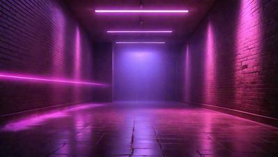 The primary subject of the image is a long, narrow hallway with a purple glow. The setting is a dark, brick-walled room with a purple light illuminating the space. The visual style is a digital art or illustration, creating a surreal and mysterious atmosphere. The dominant colors are purple and black, giving the scene a moody and mysterious vibe.