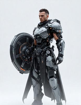 The primary subject of the image is a man dressed in a futuristic, metallic armor. He is holding a large, circular shield in his hand. The setting appears to be a white, foggy environment, which adds to the overall atmosphere of the scene. The visual style of the image is digital art, as it is a detailed and intricate illustration of the man and his armor. The colors and mood of the image are predominantly dark and mysterious, with the man's armor and the